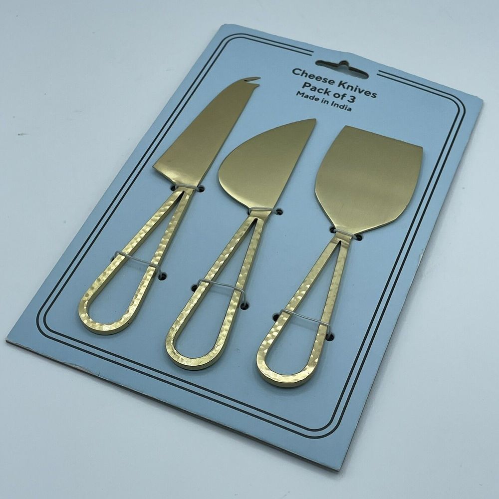 Loop Handle Set Of 3 Brass Color Hand Hammered Cheese Knives Slicer NEW India‎